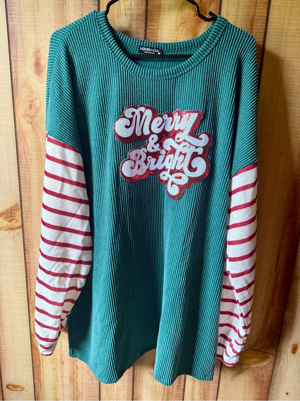 HEIMISH USA Teal "Merry & Bright" Long Sleeve Top with Red-White Stripe Sleeves